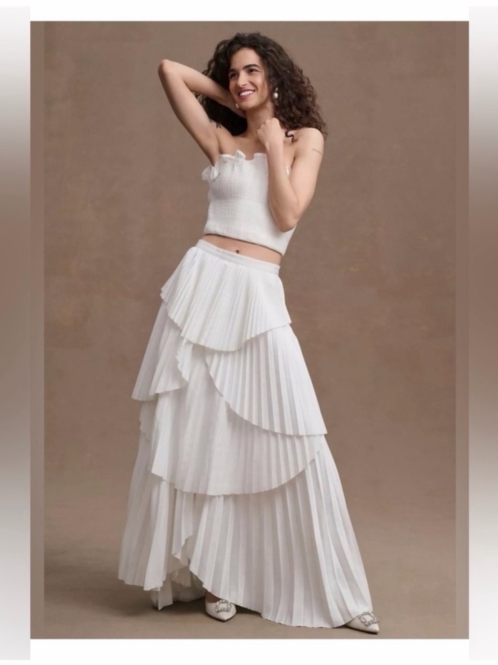AMUR White Tiered Pleated Maxi Skirt